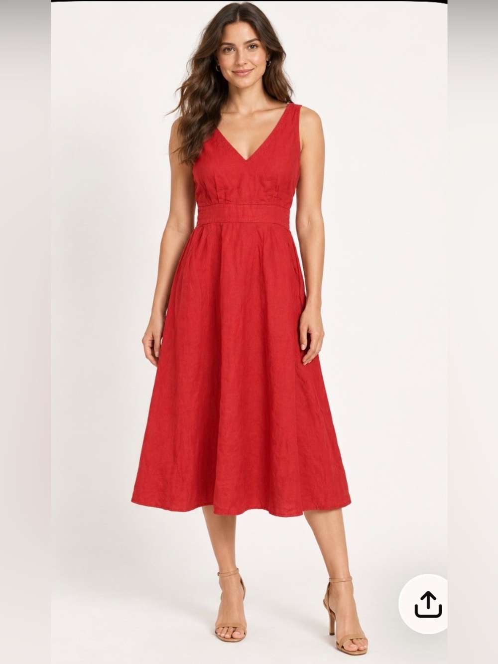 100% Linen Sleeveless V-Neck Red Midi Dress